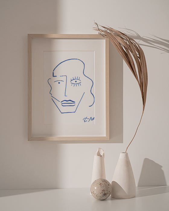 Minimalist Line Drawing Reproduction - Abstract Face in Blue Ink