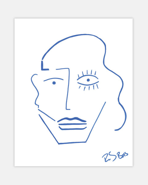 Minimalist Line Drawing Reproduction - Abstract Face in Blue Ink