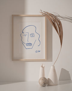 Minimalist Line Drawing Reproduction - Abstract Face in Blue Ink